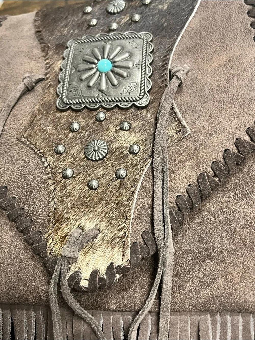 Trinity Ranch Coffee Fringed Suede Crossbody Bag with Turquoise Accent - Brown
